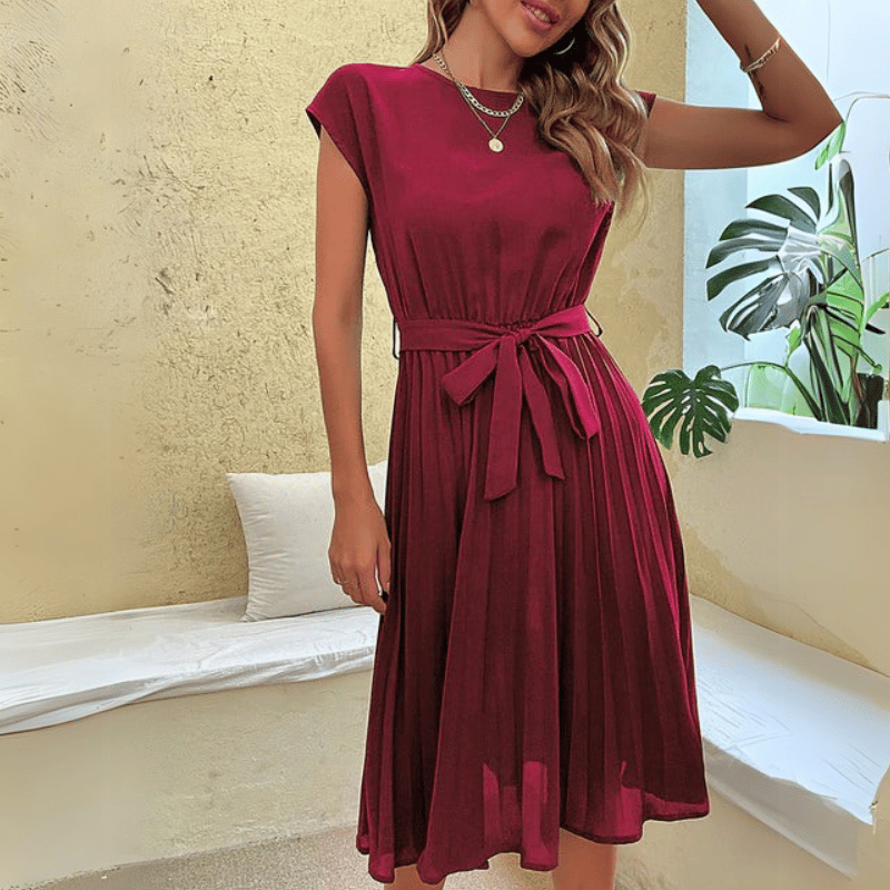 Damen Unifarbenes Plissee Midikleid