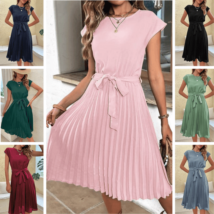 Damen Unifarbenes Plissee Midikleid