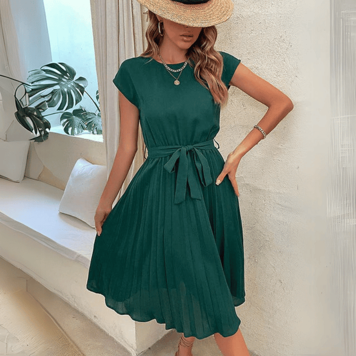 Damen Unifarbenes Plissee Midikleid