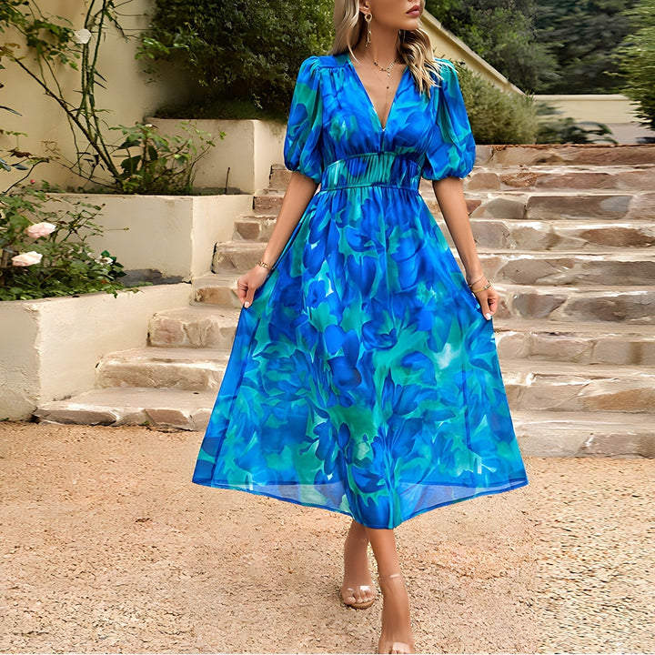 Elenya | Damen-Midikleid mit V-Ausschnitt | Verspielt und rückenfrei