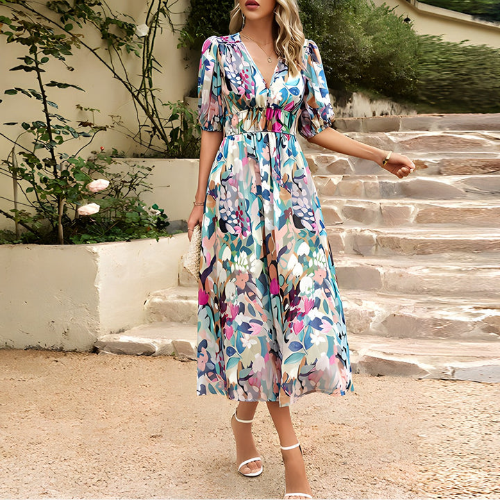 Elenya | Damen-Midikleid mit V-Ausschnitt | Verspielt und rückenfrei